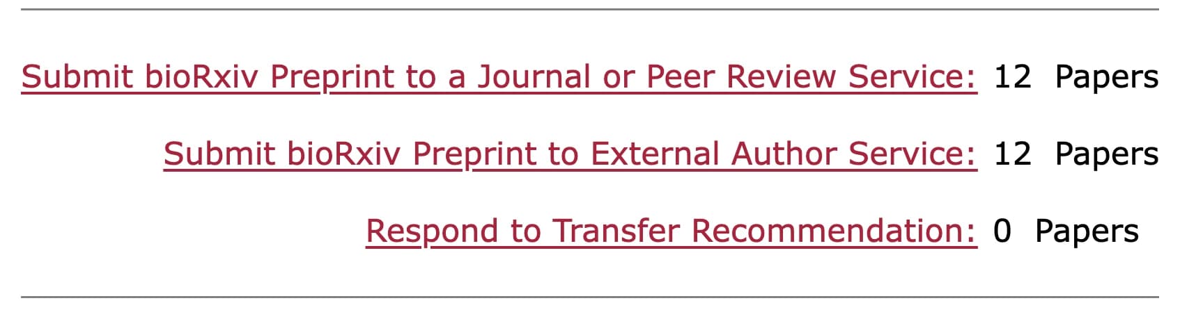 The bioRxiv Author Area menu: Submit bioRxiv Preprint to External Author Service is the second row