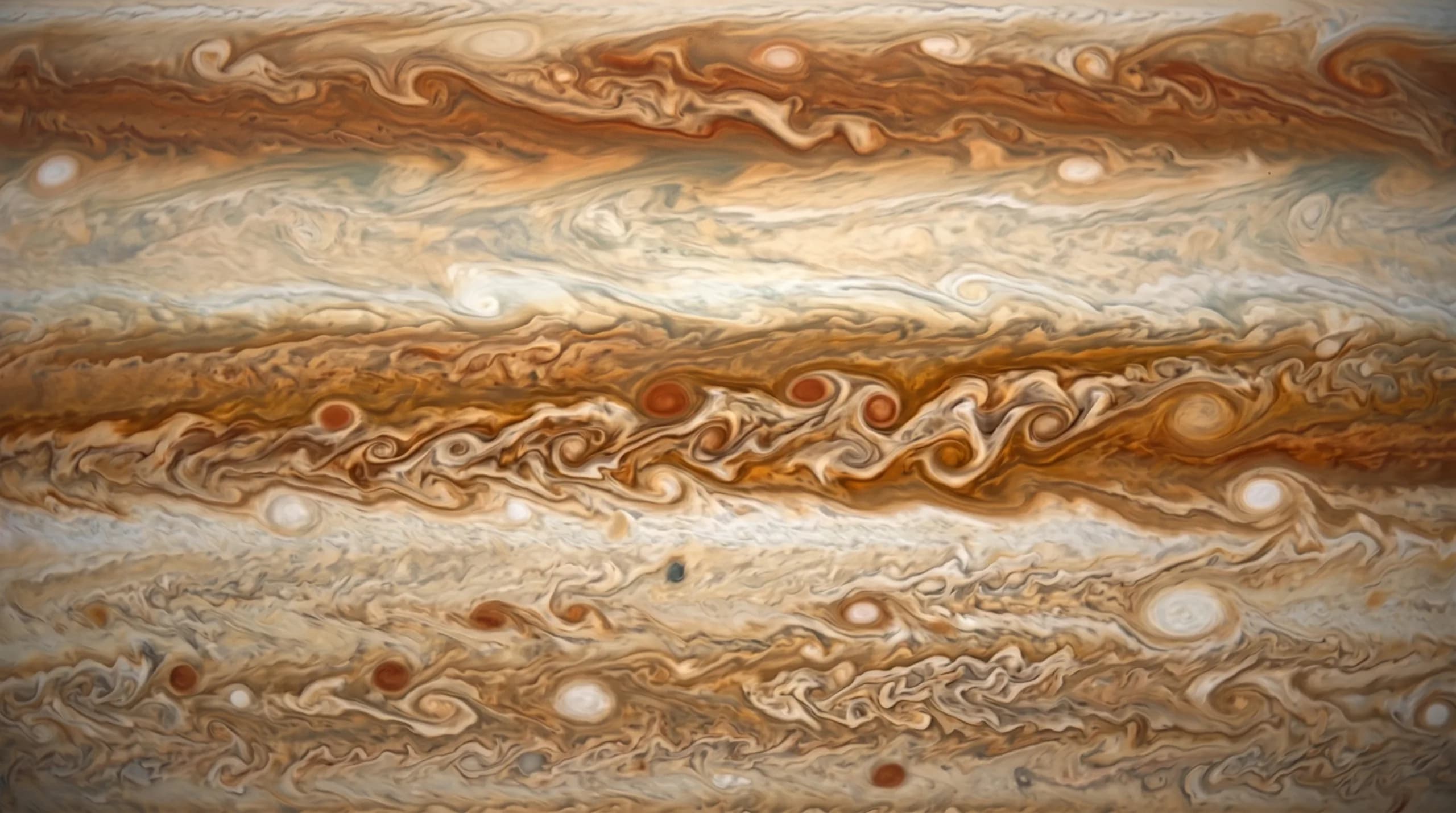 Jupiter's cloud belts and zones, photographed on a flyby
