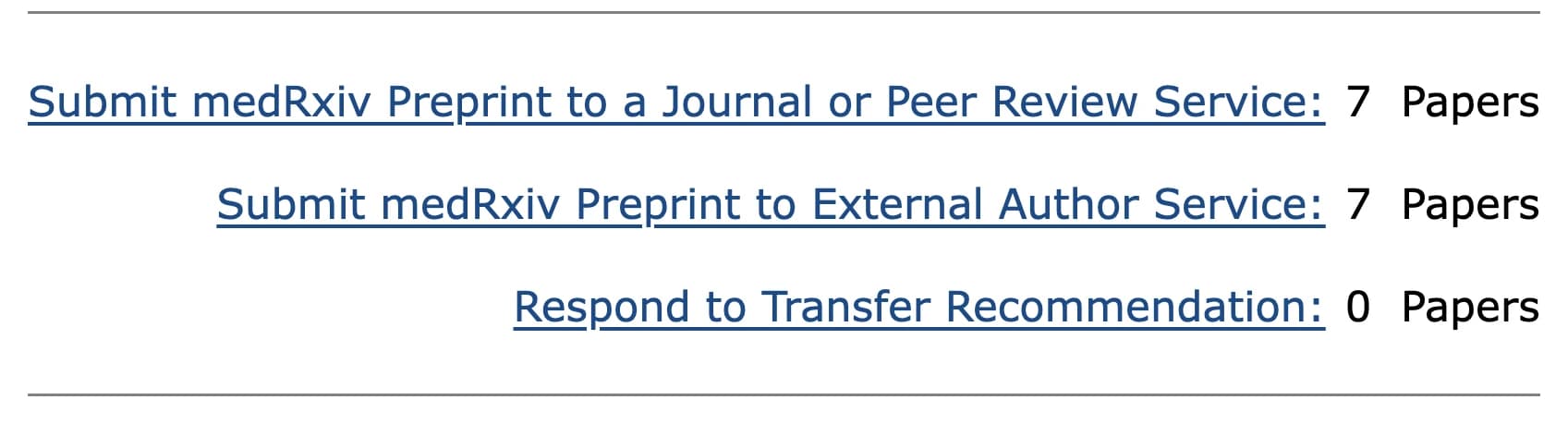 The medRxiv Author Area menu: Submit medRxiv Preprint to External Author Service is the second row