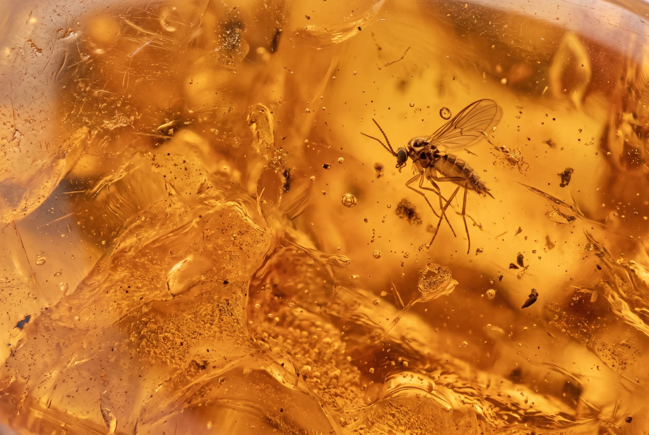 A midge sealed inside a piece of amber, flow lines and bubbles around it