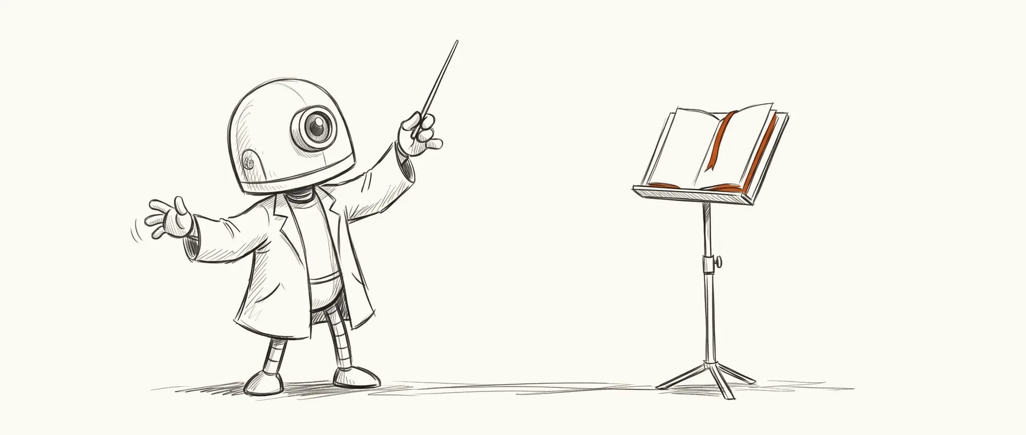 A small robot in a lab coat conducting with a baton before a music stand holding a score