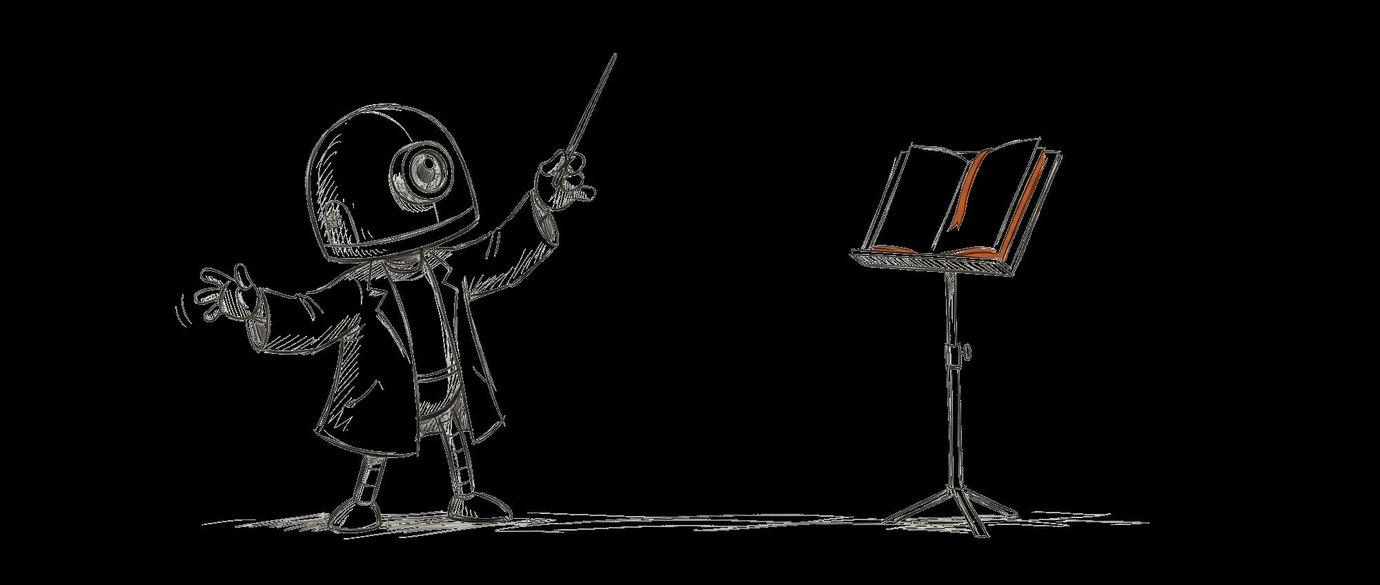A small robot in a lab coat conducting with a baton before a music stand holding a score