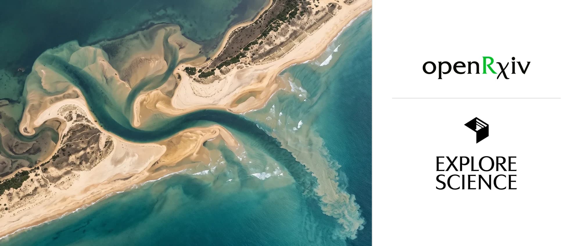 Aerial view of a tidal inlet, one channel through a sand barrier joining a lagoon to the sea, beside the openRxiv and Explore Science logos