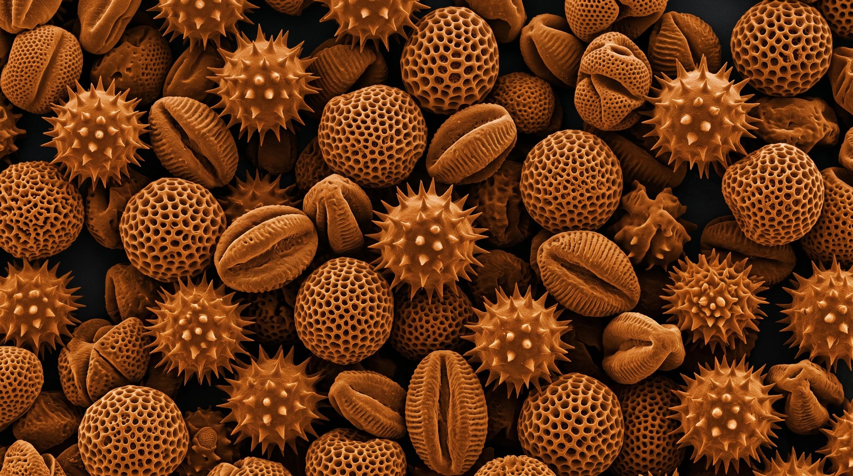 Pollen grains of many species under a scanning electron microscope